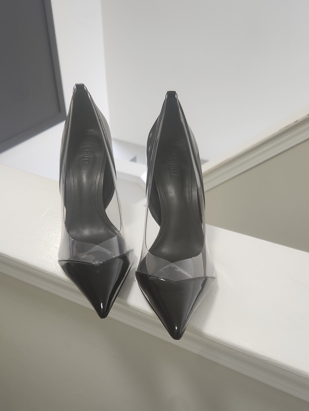 SCHUTZ Andie Black Patent Pointed-Toe Clear Panel Stiletto Heels Size 11/12 NWOT - Picture 7 of 10